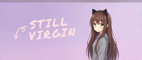 Anime-style illustration of a girl with long brown hair, cat ears, and green eyes, wearing a gray sweater, with 'Still Virgin' text overlay on a purple background.