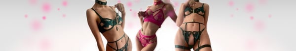 Three women posing confidently in stylish lingerie against a soft pink and gray background with decorative sparkles.