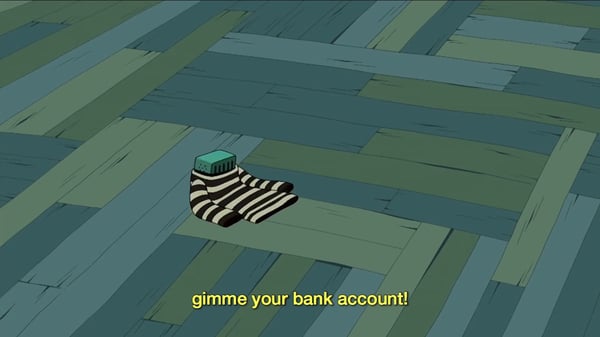 Humorous animated graphic of a green character in striped prison clothes lying on a floor with text demanding a bank account.