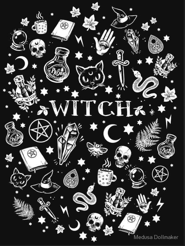 Artistic black and white illustration featuring witchy elements like a black cat, skulls, crystals, pentagrams, and the word 'WITCH' centered prominently.