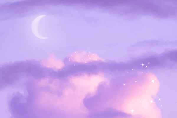 Dreamy purple sky with a crescent moon, fluffy clouds, and sparkling stars.