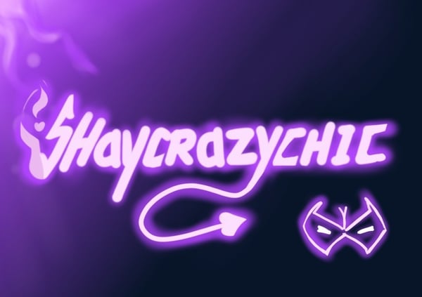 Neon purple graphic featuring the stylized text 'Shay Crazy Chic' with flames, a tail, and a masked emblem on a dark background.