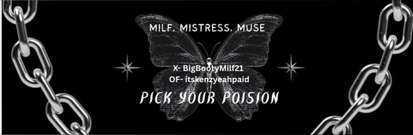 Artistic black background with chains, butterfly motifs, and gothic text overlay reading 'MILF Mistress Muse' and 'Pick Your Poison'.