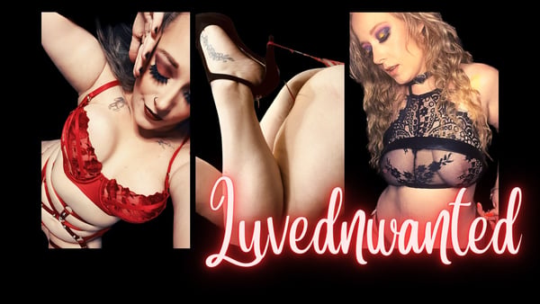 A woman posing in red and black lingerie with high heels against a dark background, displaying tattoos and the profile name in neon text.