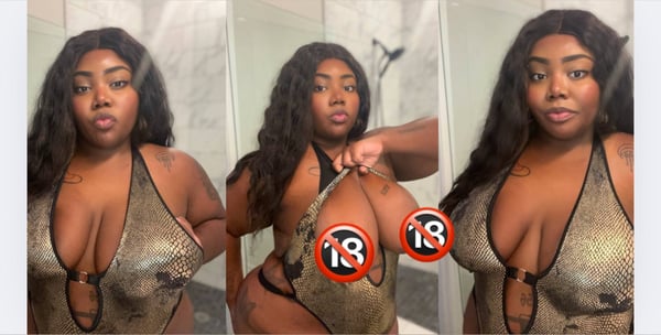 Three mirrored selfies of a woman in a shiny gold outfit posing confidently in a bathroom with a shower in the background.