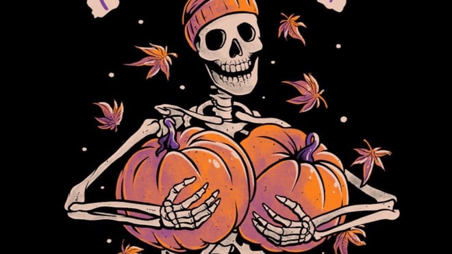 Halloween-themed illustration of a skeleton character wearing a beanie, holding orange pumpkins with autumn leaves in the background.