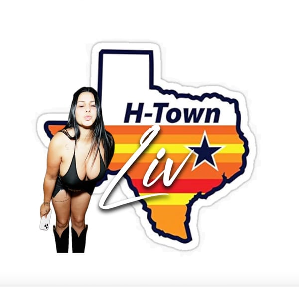 A woman posing confidently in a bikini next to a Texas-themed sticker design featuring H-Town graphics and a star.