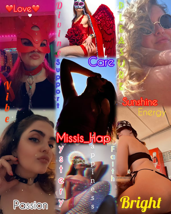 Collage of a woman in vibrant cosplay outfits and masks, posing dynamically with colorful text overlays like 'Love', 'Vibe', and 'Passion'.