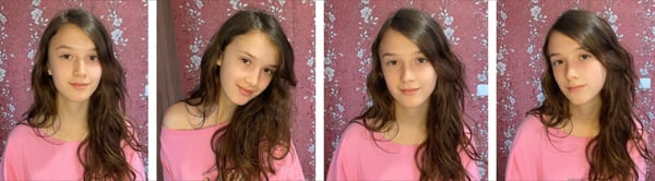 A young woman with long wavy brown hair smiling at the camera in multiple close-up selfies against a floral pink background.