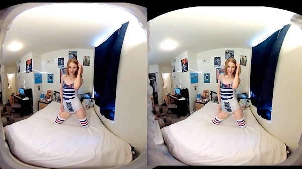 A woman posing playfully on a bed in a cozy bedroom with posters and computer setup, captured in a split VR-style image.