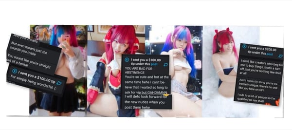 A person in colorful cosplay outfits posing playfully in various dynamic positions with chat overlays.