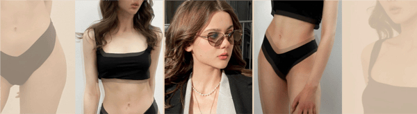 Young woman with long wavy hair posing in multiple shots wearing black crop tops, low-rise bottoms, and sunglasses in a studio setting.