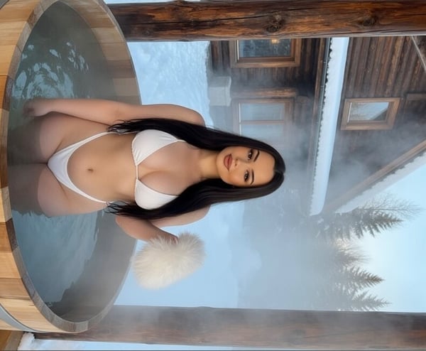 Woman in a white bikini sitting in a steaming hot tub surrounded by snowy woods and mountains.