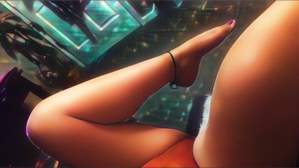 A close-up artistic image of a woman's toned leg and foot extended gracefully with neon lighting and abstract background elements.