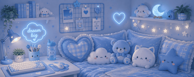 A cozy blue-themed bedroom with plush toys, heart-shaped decor, shelves, and soft ambient lighting.