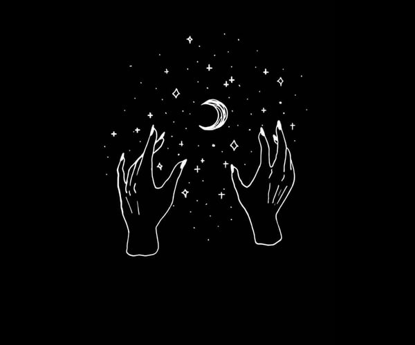 Black artistic illustration of two hands reaching towards a crescent moon surrounded by stars.