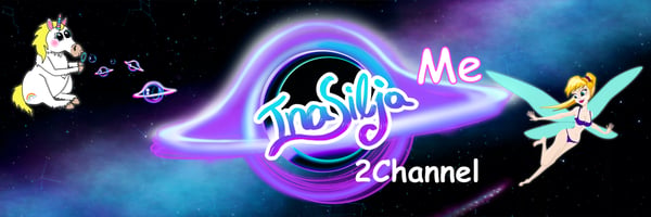 Colorful fantasy graphic featuring unicorns, a fairy, and sparkling text 'InaSilja Me 2Channel' against a cosmic purple and blue background.