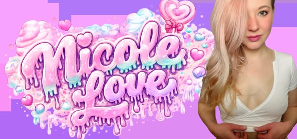 Artistic header featuring the stylized text 'Nicole Love' in pink and purple tones with decorative hearts and bubbles, alongside a woman with long blonde hair smiling in a white top.