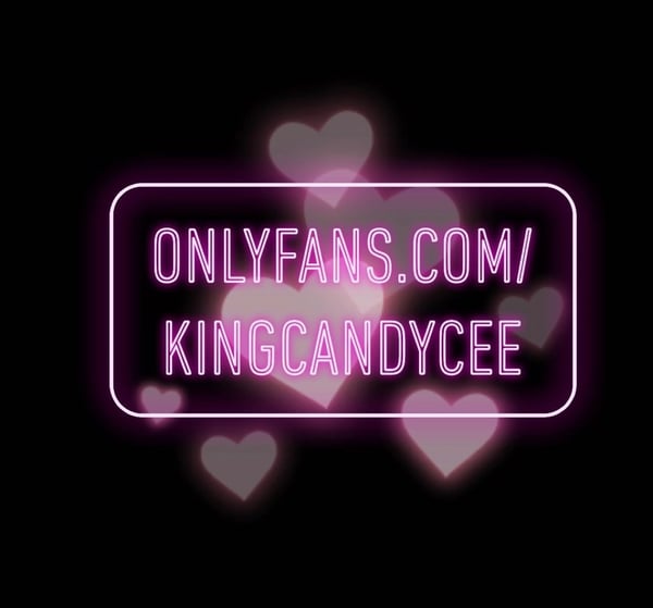 Neon pink sign displaying 'onlyfans.com/kingcandyceee' surrounded by glowing pink hearts on a black background.
