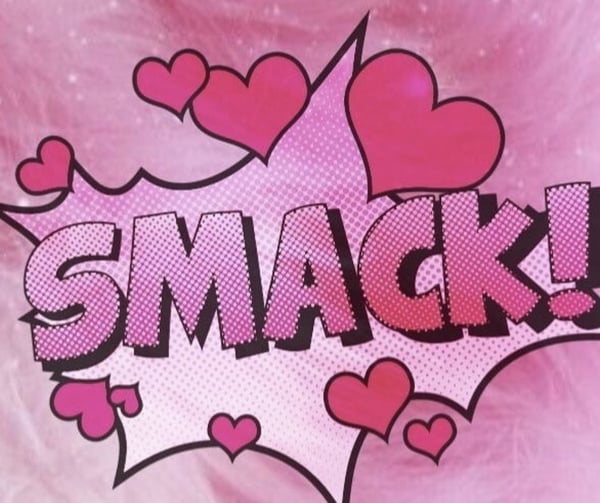 Vibrant pink graphic design featuring bold 'SMACK!' text in comic book style surrounded by floating red hearts.