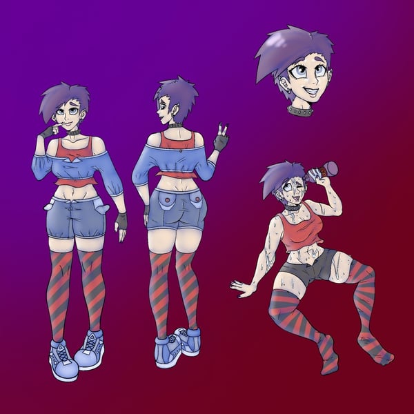 Animated character design sheet featuring multiple views of a short-haired figure in casual crop top, shorts, and striped stockings, posing dynamically with peace signs and weights.