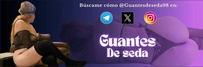 Woman in sheer lingerie and stockings posing seated on furniture with social media handles and profile name overlaid on a purple-themed background.