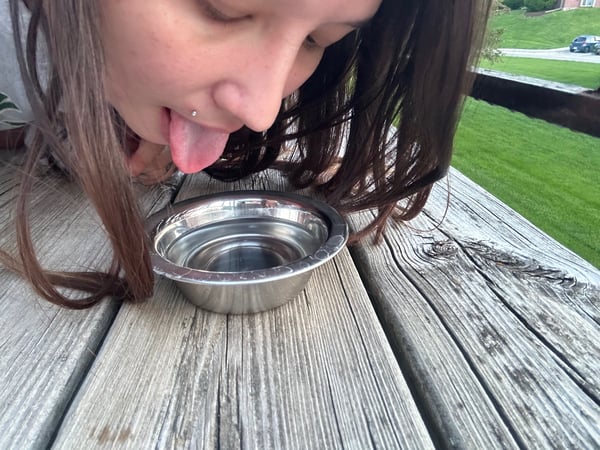 A young woman with long brown hair leans over a wooden table outdoors, playfully sticking her tongue out toward a metal bowl in a grassy area.