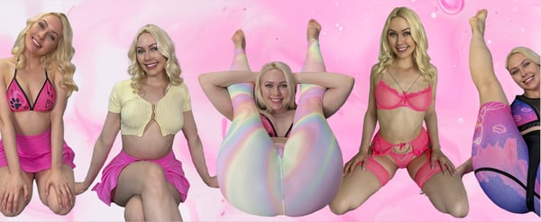 A blonde woman in multiple flexible poses wearing colorful bikinis and lingerie against a pink background.