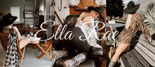 A woman in cowboy hat and casual outfit posing in various relaxed positions around a rustic indoor setting with wooden furniture and plants.