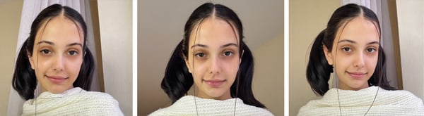 Three close-up selfies of a young woman with long dark hair styled in pigtails, wearing a white knit top, smiling softly against a simple indoor background.