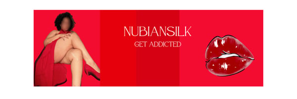 A woman posing elegantly in a red dress with legs crossed, next to bold text 'Nubian Silk Get Addicted' and glossy red lips on a vibrant red background.