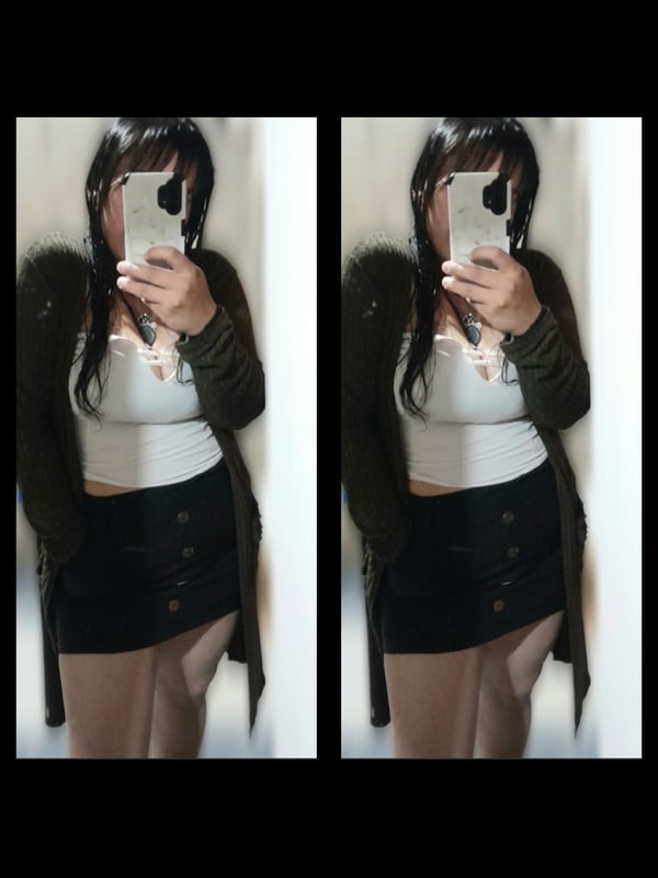 Close-up selfies of a young woman in a cardigan, white top, and short skirt, holding her phone.