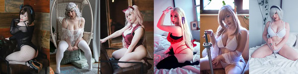 A model in various cosplay outfits posing playfully in different indoor settings with costumes and props.
