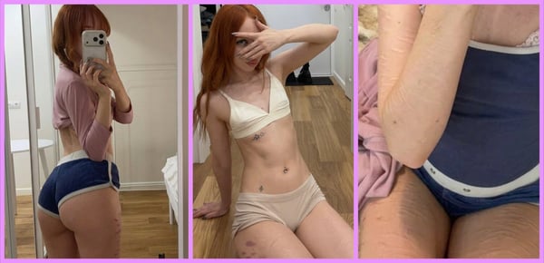Three-panel collage of a young woman with red hair posing in casual crop tops and shorts indoors.