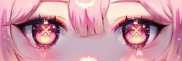 Close-up animated illustration of large pink eyes with glowing red X marks and sparkles on a soft pink background.