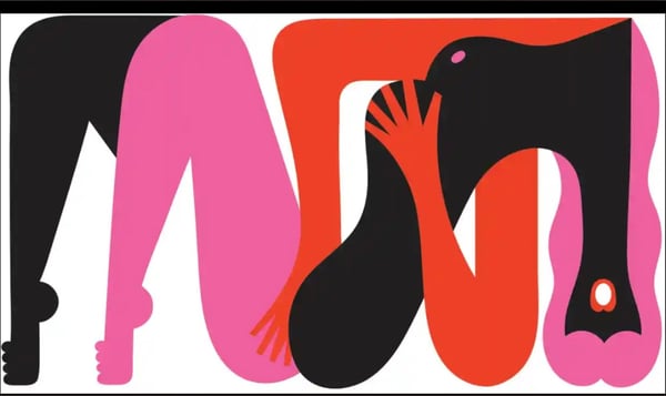Abstract artistic illustration of stylized human figures in bold black, pink, and red colors with dynamic poses.
