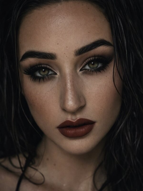 Close-up portrait of a woman with dark wavy hair, bold makeup, and a serious expression in low lighting.