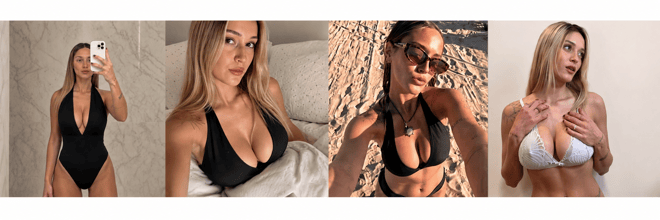 A collage of a blonde woman posing in swimwear and casual outdoor settings.