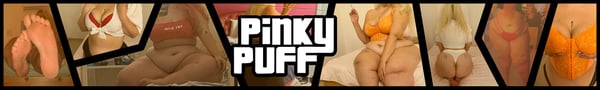 Collage of a woman posing in colorful swimsuits and casual outfits with prominent branding text 'PINKY PUFF'.