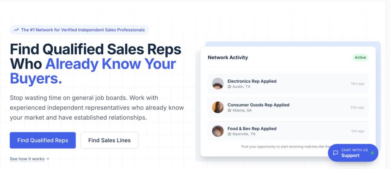 Zilla Sales homepage showing its independent sales rep matching marketplace