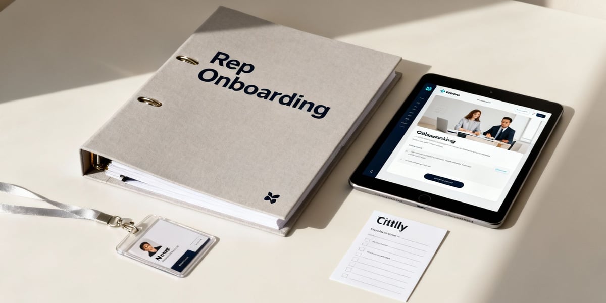 Onboarding materials including a 'Rep Onboarding' binder, a tablet showing an onboarding portal, an ID badge, and a checklist.
