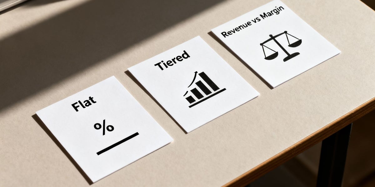 Three white cards displaying different pricing models: Flat, Tiered, and Revenue vs Margin.