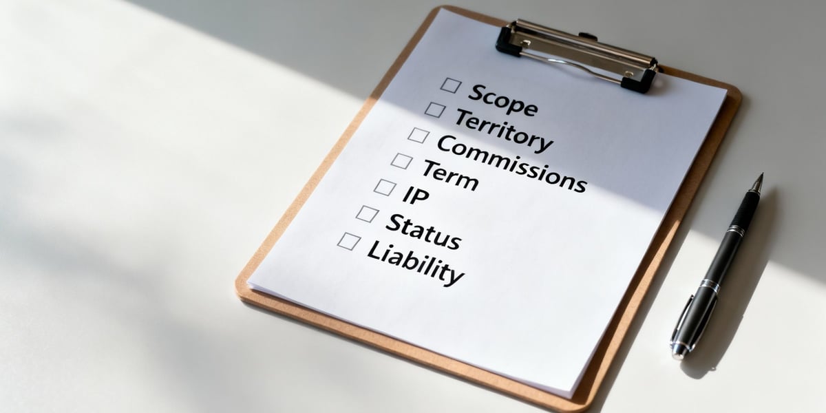 A clipboard with a checklist for an independent sales representative agreement, including terms like Scope and Liability, next to a pen.