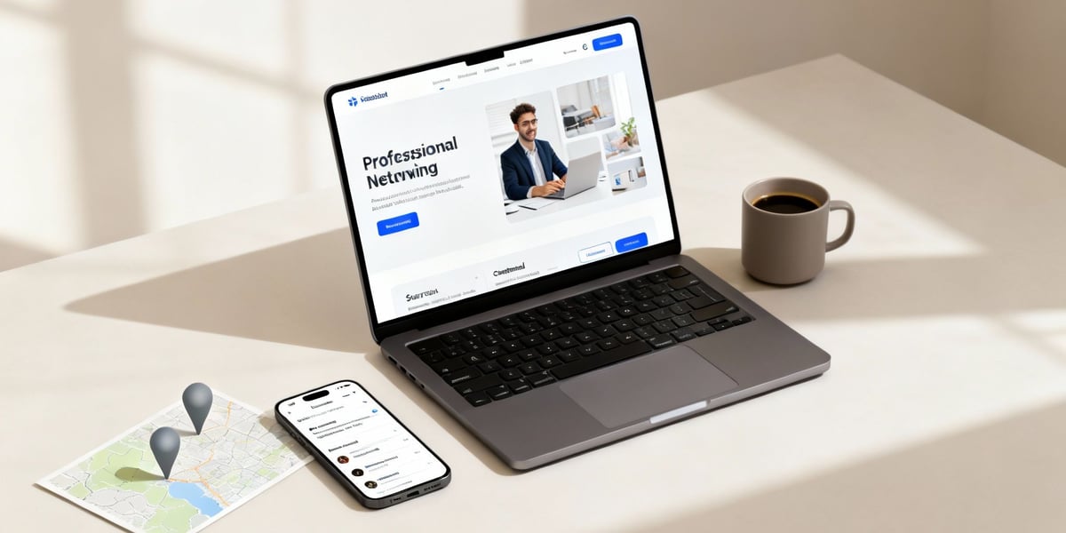 A modern desk setup with a laptop showing a professional networking website, a phone, map, and coffee.