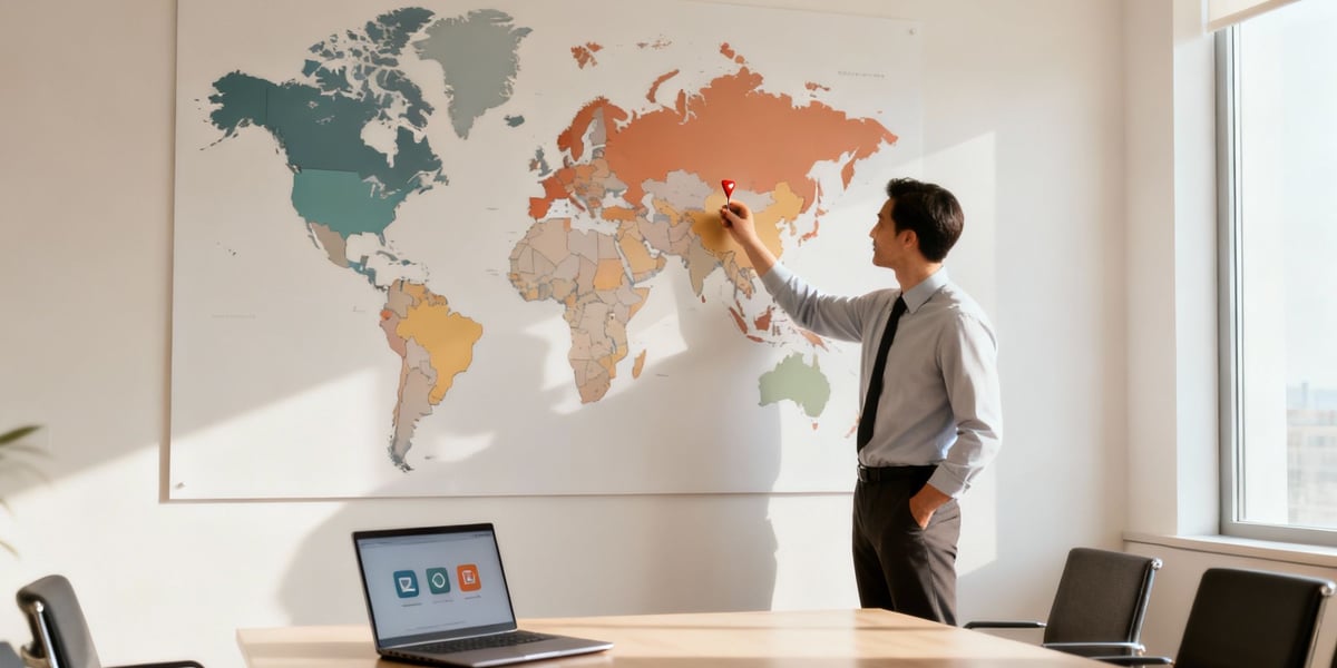 A businessman pointing at a world map in a modern office with a laptop on the table.