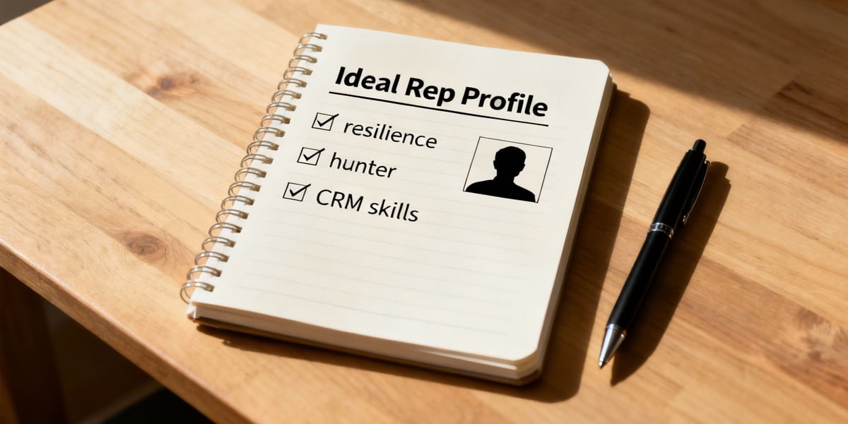 A notebook on a wooden desk lists 'Ideal Rep Profile' with checked qualities: resilience, hunter, CRM skills.