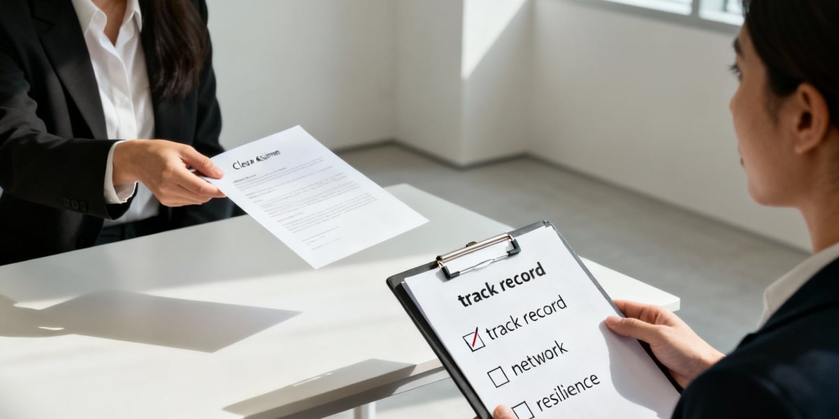 A job applicant hands a resume to an interviewer checking 'track record' on a clipboard.