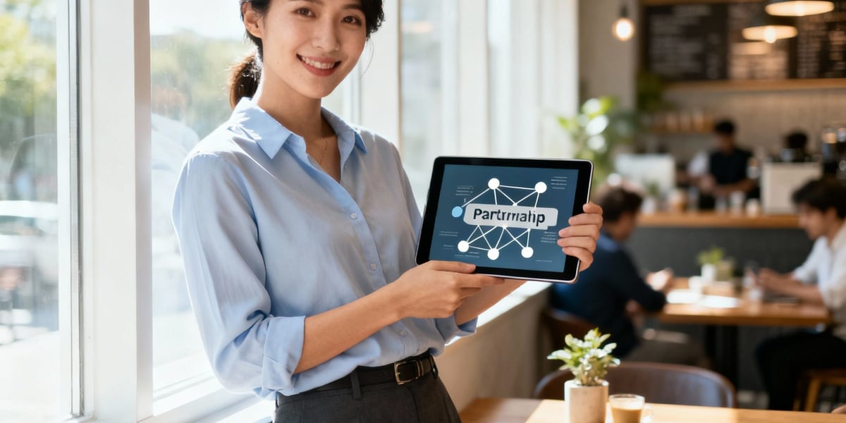 A smiling woman holds a tablet displaying a 'Partnership' network diagram in a cafe.