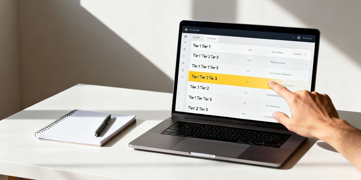 Person's hand interacts with a laptop screen displaying a tier-based list, with a notebook nearby.