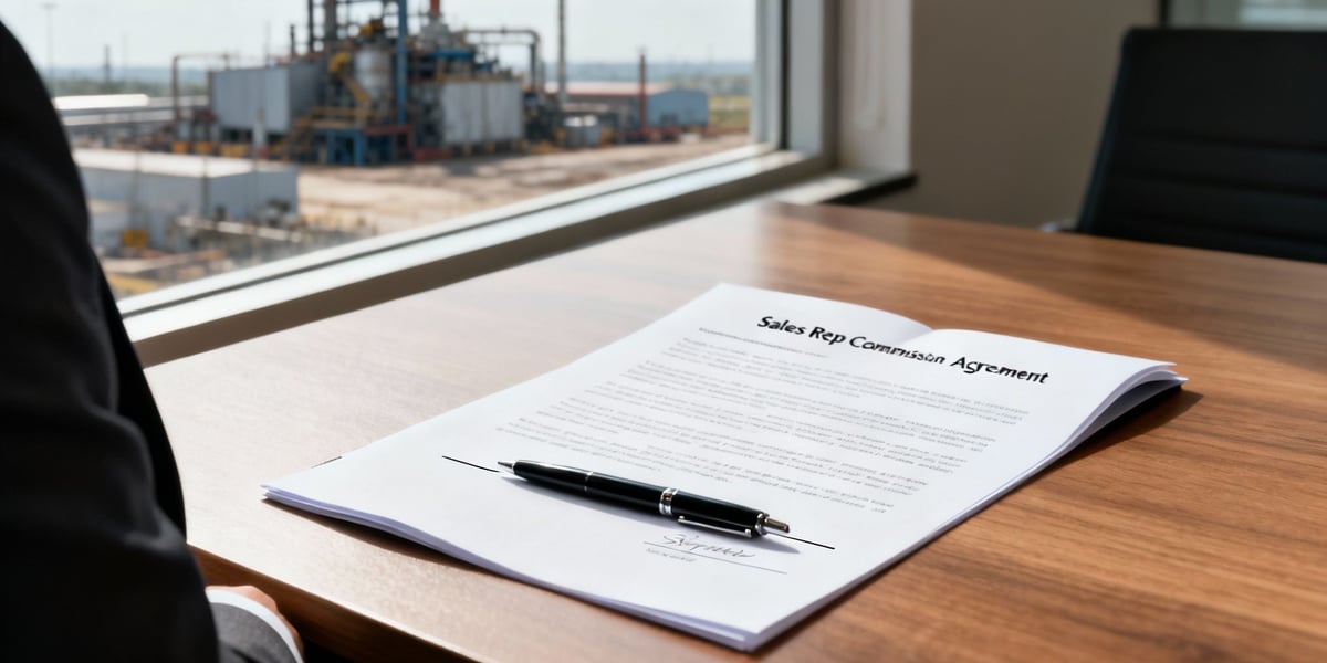 A person in a suit reviews a Sales Rep Commission Agreement with a pen on a desk, overlooking an industrial plant.